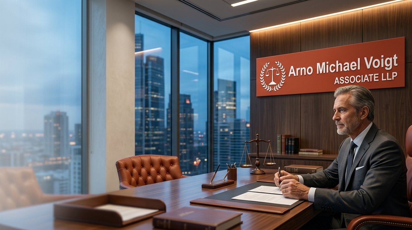 Senior lawyer working at a desk in a branded Berlin office