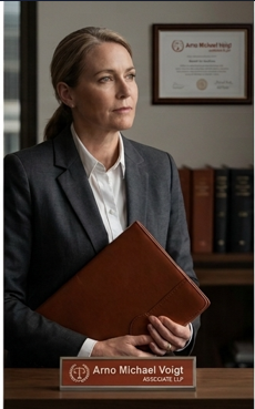 Lawyer holding a leather portfolio in an office