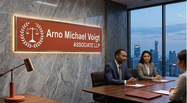 Lawyers meeting in an office beneath the firm sign